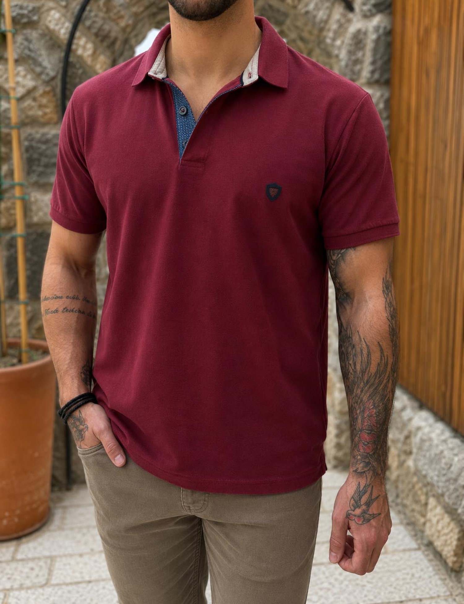 Everbest ανδρική κερασί πικέ Polo μπλούζα Plus Size 262832K - Everbest - 